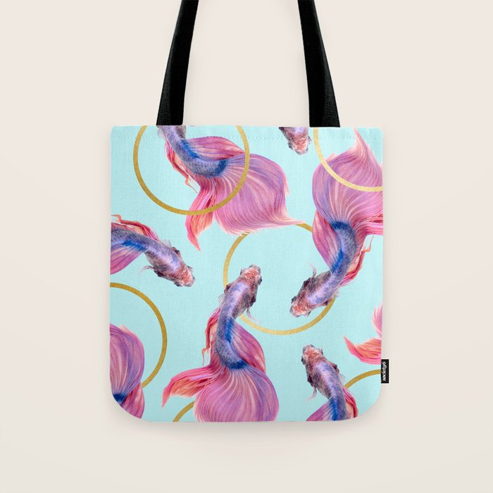 Hullahoops, Eclectic Colorful Fish Graphic Design, Animals Gold Rings Surrealism Quirky Tote Bag