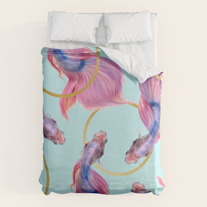 Hullahoops, Eclectic Colorful Fish Graphic Design, Animals Gold Rings Surrealism Quirky Duvet Cover