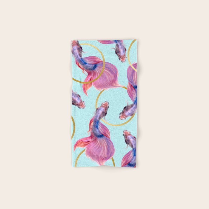 Hullahoops, Eclectic Colorful Fish Graphic Design, Animals Gold Rings Surrealism Quirky Bath Towel