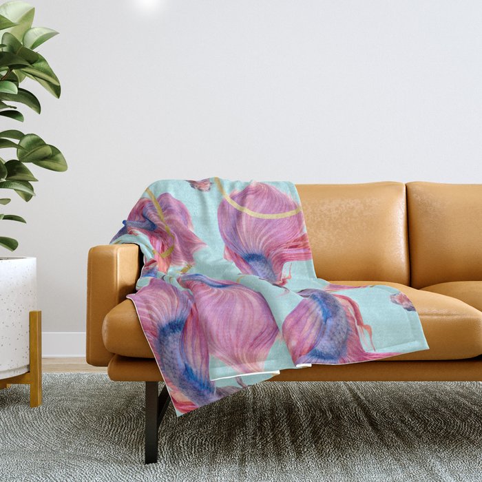 Hullahoops, Eclectic Colorful Fish Graphic Design, Animals Gold Rings Surrealism Quirky Throw Blanket
