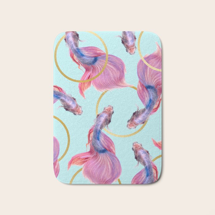 Hullahoops, Eclectic Colorful Fish Graphic Design, Animals Gold Rings Surrealism Quirky Bath Mat