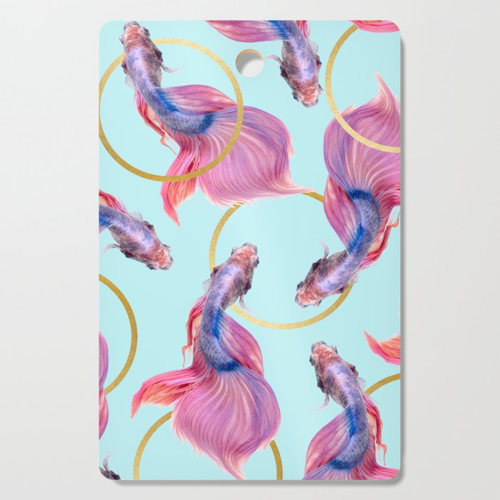 Hullahoops, Eclectic Colorful Fish Graphic Design, Animals Gold Rings Surrealism Quirky Cutting Board
