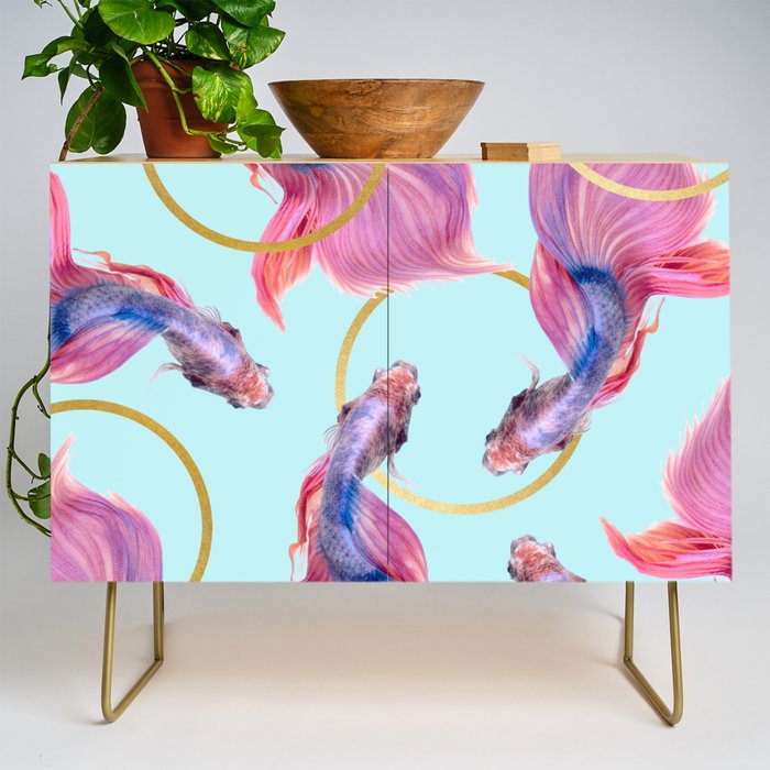 Hullahoops, Eclectic Colorful Fish Graphic Design, Animals Gold Rings Surrealism Quirky Credenza
