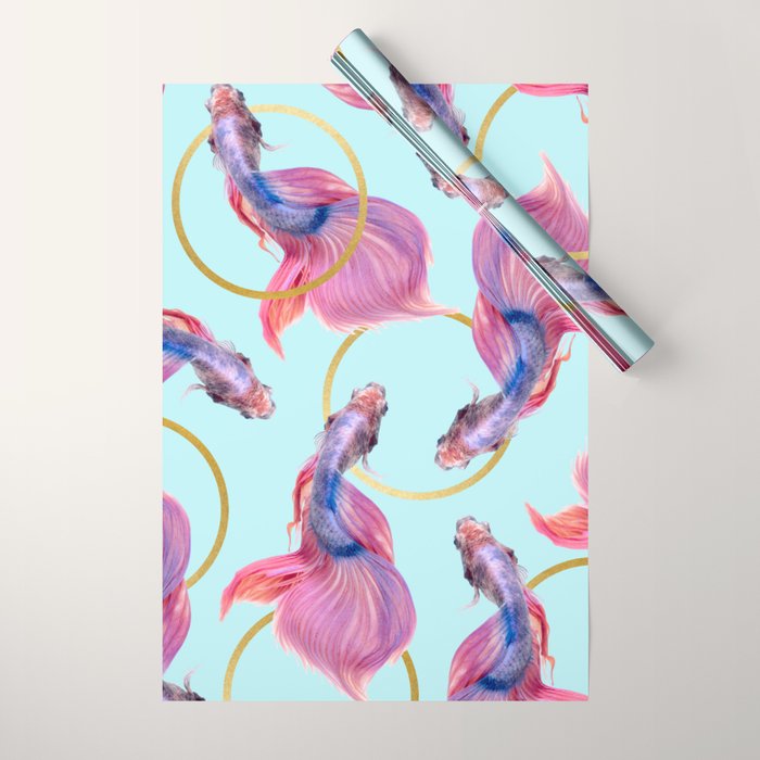 Hullahoops, Eclectic Colorful Fish Graphic Design, Animals Gold Rings Surrealism Quirky Wrapping Paper