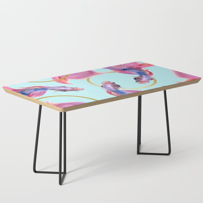 Hullahoops, Eclectic Colorful Fish Graphic Design, Animals Gold Rings Surrealism Quirky Coffee Table