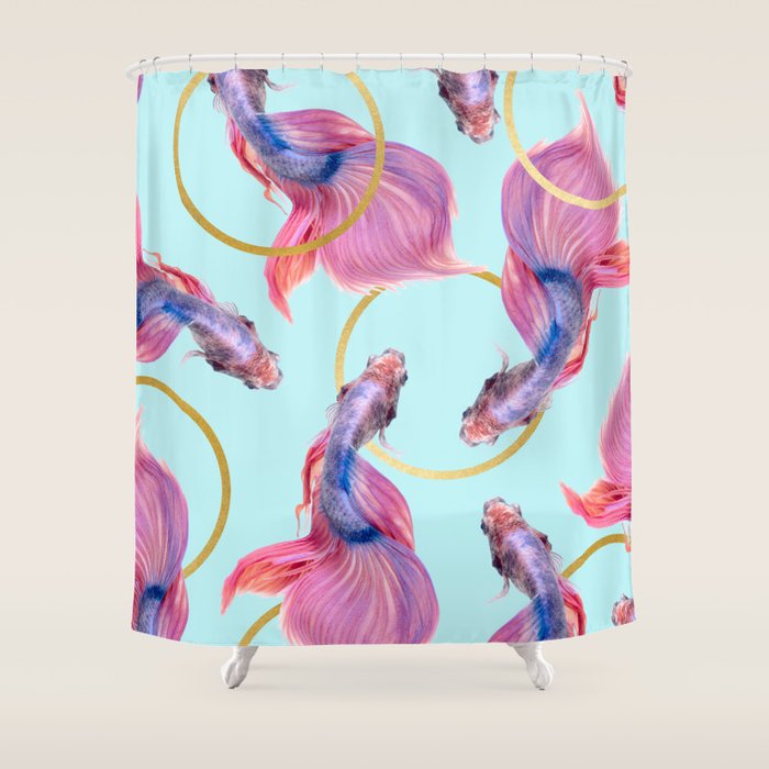 Hullahoops, Eclectic Colorful Fish Graphic Design, Animals Gold Rings Surrealism Quirky Shower Curtain