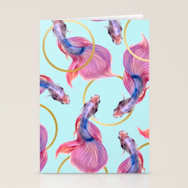 Hullahoops, Eclectic Colorful Fish Graphic Design, Animals Gold Rings Surrealism Quirky Stationery Card