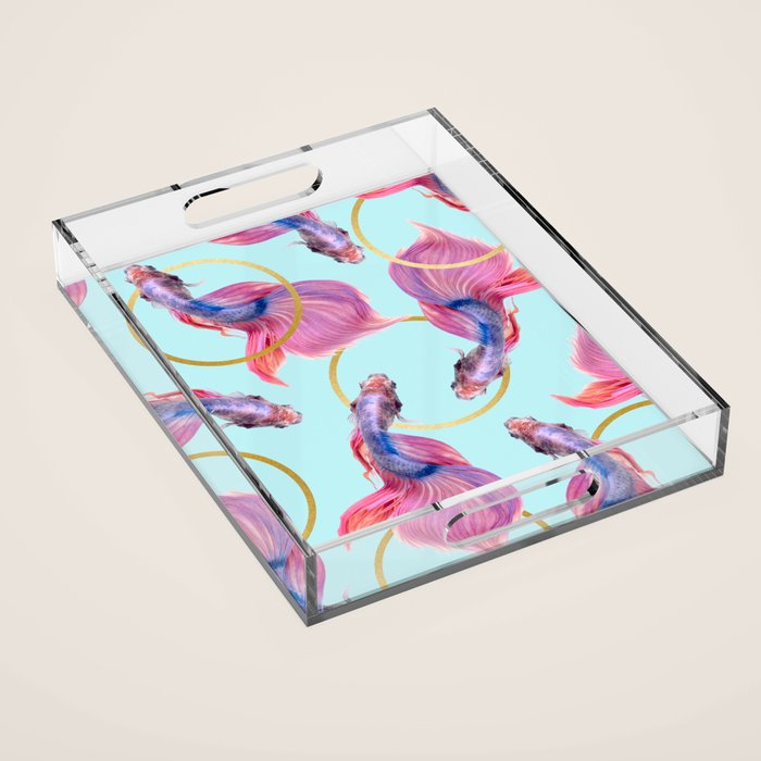 Hullahoops, Eclectic Colorful Fish Graphic Design, Animals Gold Rings Surrealism Quirky Acrylic Tray