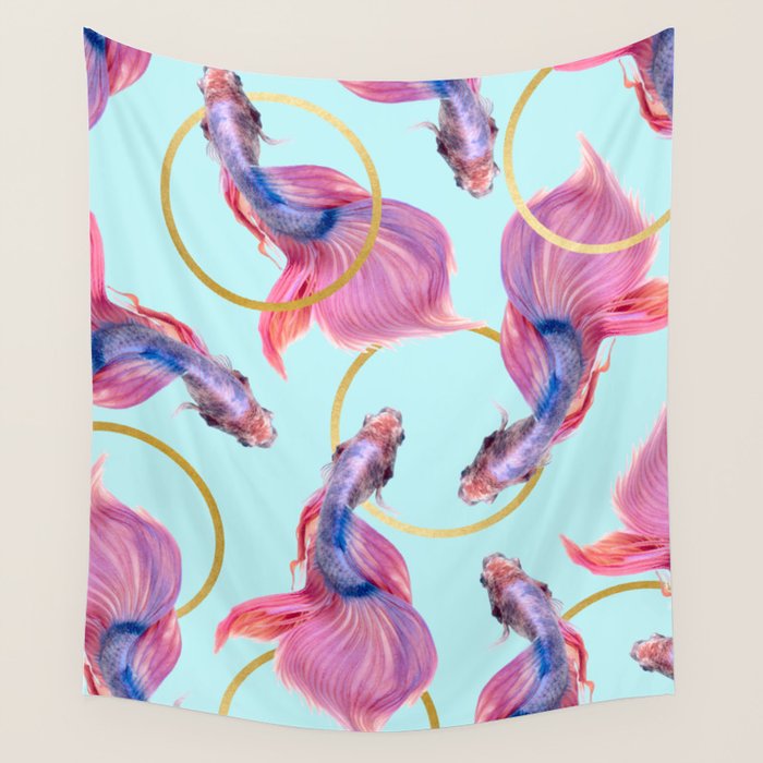 Hullahoops, Eclectic Colorful Fish Graphic Design, Animals Gold Rings Surrealism Quirky Wall Tapestry