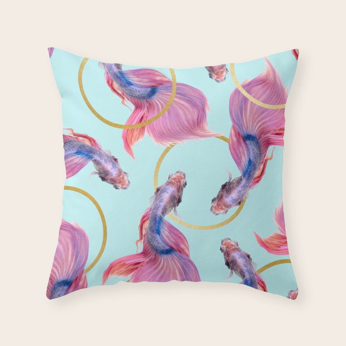 Hullahoops, Eclectic Colorful Fish Graphic Design, Animals Gold Rings Surrealism Quirky Throw Pillow