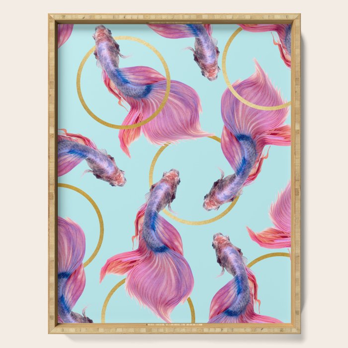 Hullahoops, Eclectic Colorful Fish Graphic Design, Animals Gold Rings Surrealism Quirky Serving Tray
