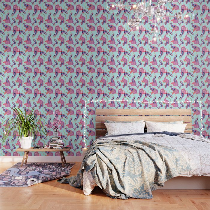 Hullahoops, Eclectic Colorful Fish Graphic Design, Animals Gold Rings Surrealism Quirky Wallpaper
