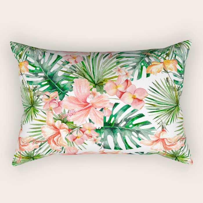 Tropical Jungle Hibiscus Flowers - Floral Rectangular Pillow