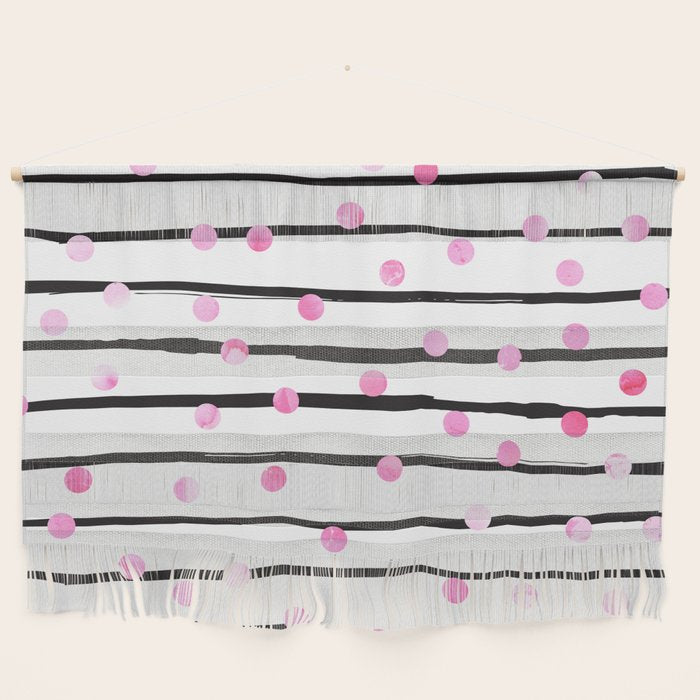 Blush Pink Black Watercolor Modern Stripes Polka Dots Wall Hanging