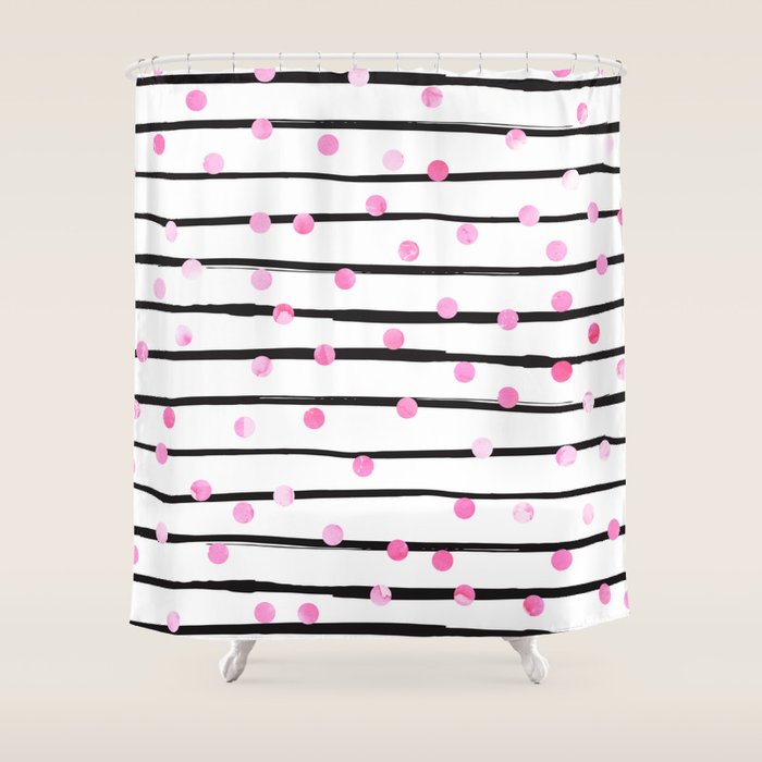 Blush Pink Black Watercolor Modern Stripes Polka Dots Shower Curtain