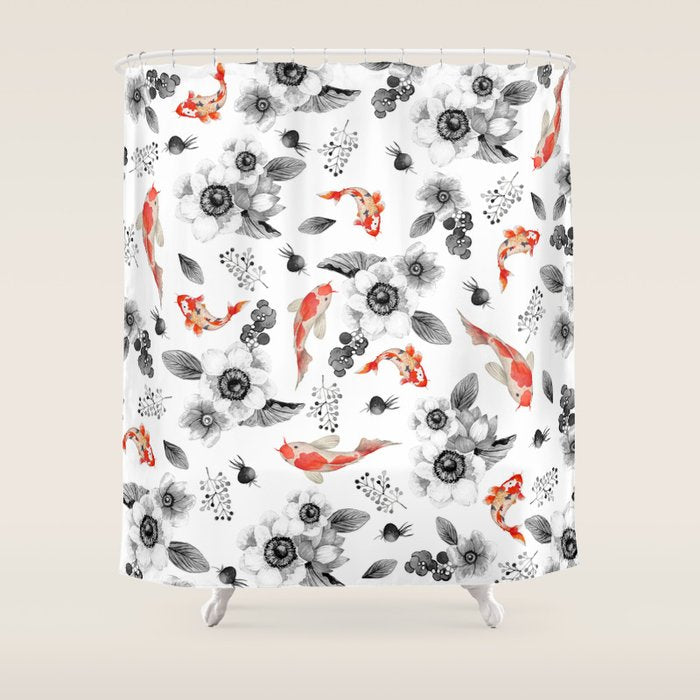Colorful Orange Black White Watercolor Floral Koi Fish Shower Curtain