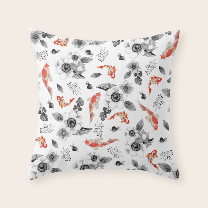 Colorful Orange Black White Watercolor Floral Koi Fish Throw Pillow
