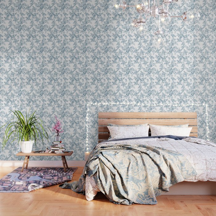Vintage Blue White Bohemian Elegant Floral Wallpaper