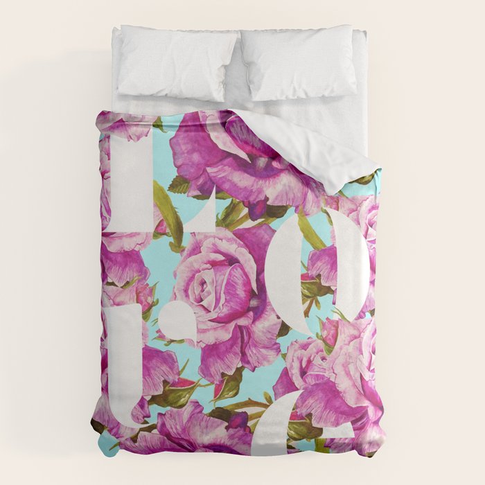 Love, Floral Typography Valentine'S Graphic Design, Eclectic Modern Boho Botanical Rose Illustration Duvet Cover