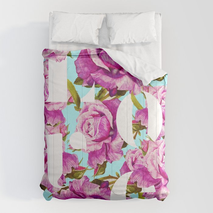Love, Floral Typography Valentine'S Graphic Design, Eclectic Modern Boho Botanical Rose Illustration Comforter