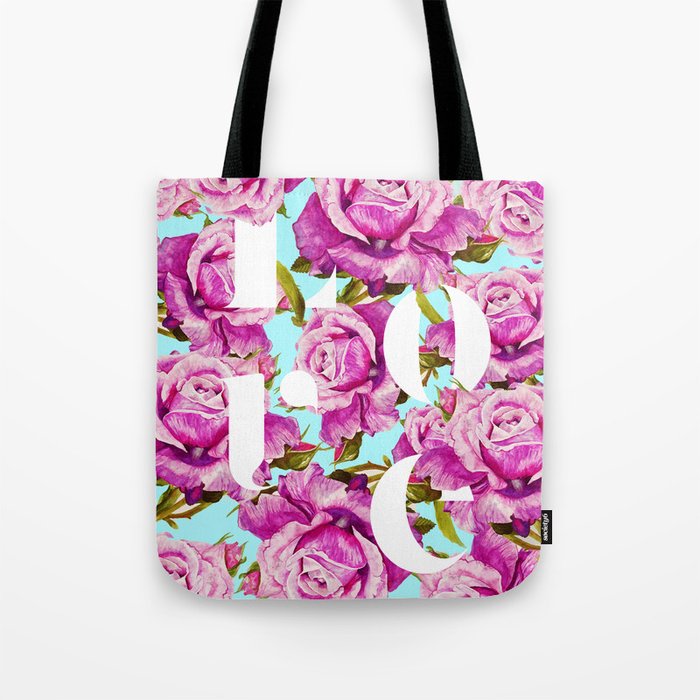 Love, Floral Typography Valentine'S Graphic Design, Eclectic Modern Boho Botanical Rose Illustration Tote Bag