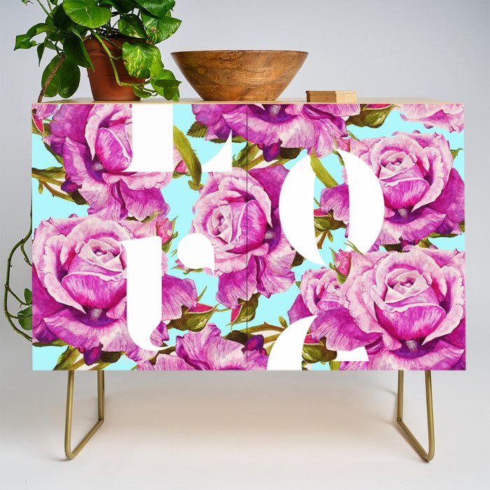 Love, Floral Typography Valentine'S Graphic Design, Eclectic Modern Boho Botanical Rose Illustration Credenza