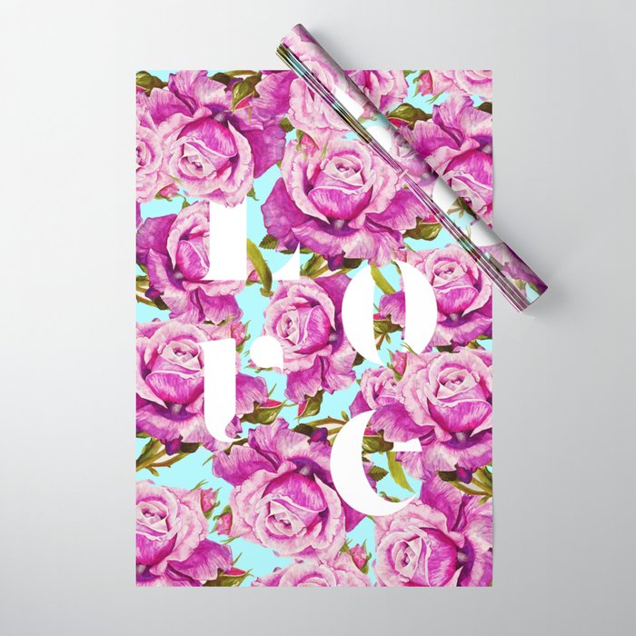 Love, Floral Typography Valentine'S Graphic Design, Eclectic Modern Boho Botanical Rose Illustration Wrapping Paper