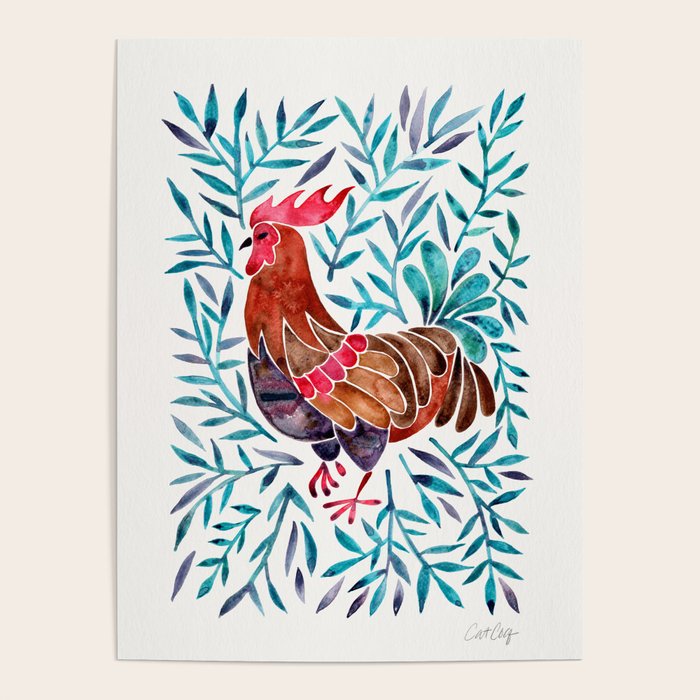 Le Coq - Watercolor Rooster With Turquoise Leaves Poster