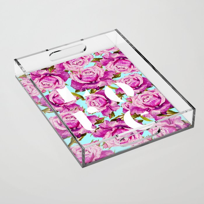 Love, Floral Typography Valentine'S Graphic Design, Eclectic Modern Boho Botanical Rose Illustration Acrylic Tray