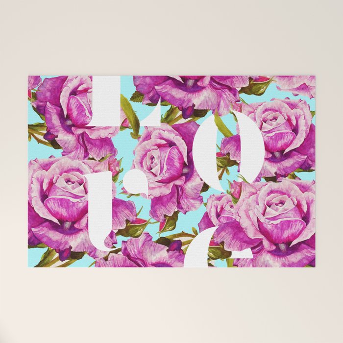 Love, Floral Typography Valentine'S Graphic Design, Eclectic Modern Boho Botanical Rose Illustration Welcome Mat