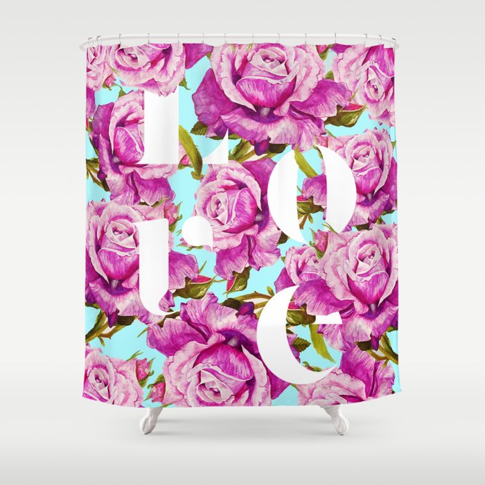 Love, Floral Typography Valentine'S Graphic Design, Eclectic Modern Boho Botanical Rose Illustration Shower Curtain