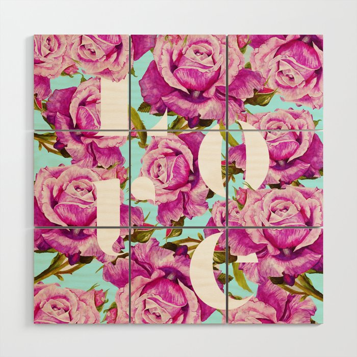 Love, Floral Typography Valentine'S Graphic Design, Eclectic Modern Boho Botanical Rose Illustration Wood Wall Art