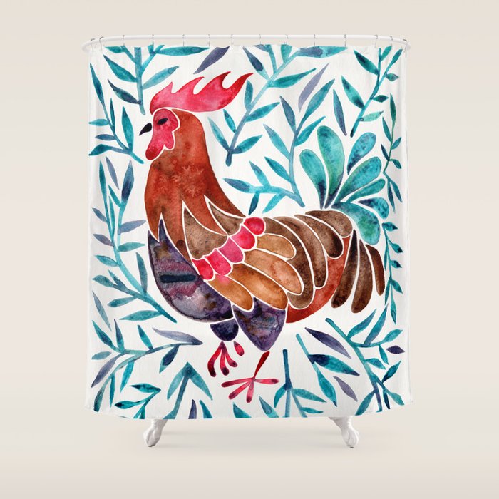 Le Coq - Watercolor Rooster With Turquoise Leaves Shower Curtain