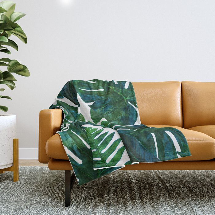 Tropical Nature Monstera Watercolor Painting, Botanical Jungle Dark Palm Illustration Throw Blanket