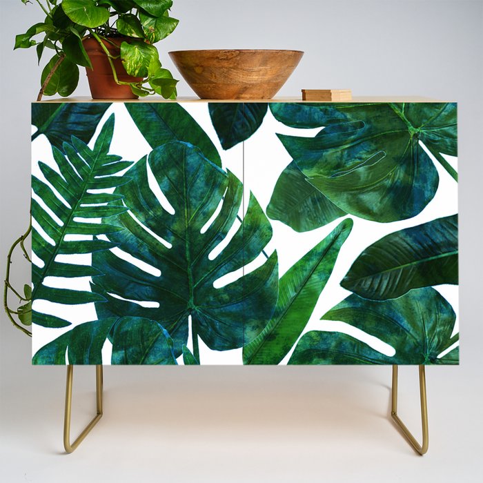 Tropical Nature Monstera Watercolor Painting, Botanical Jungle Dark Palm Illustration Credenza