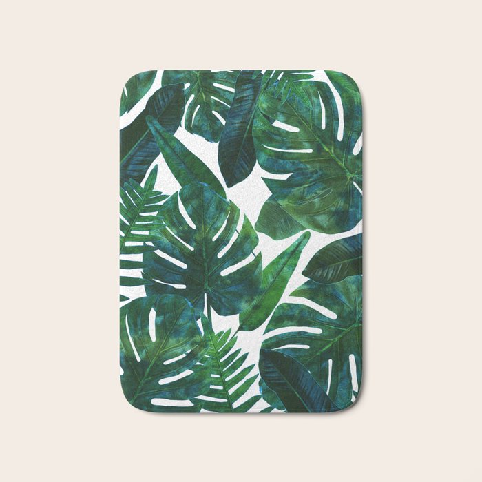Tropical Nature Monstera Watercolor Painting, Botanical Jungle Dark Palm Illustration Bath Mat