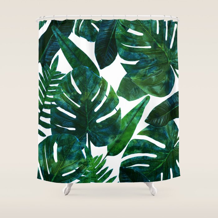 Tropical Nature Monstera Watercolor Painting, Botanical Jungle Dark Palm Illustration Shower Curtain