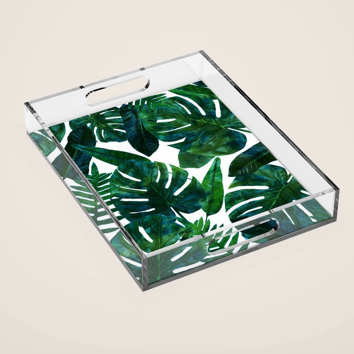 Tropical Nature Monstera Watercolor Painting, Botanical Jungle Dark Palm Illustration Acrylic Tray