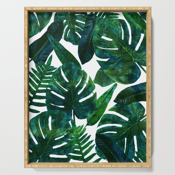 Tropical Nature Monstera Watercolor Painting, Botanical Jungle Dark Palm Illustration Serving Tray