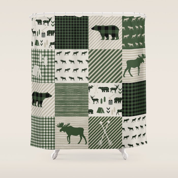 Camping Hunter Green Plaid Quilt Cheater Quilt Baby Nursery Cute Pattern Bear Moose Cabin Life Shower Curtain
