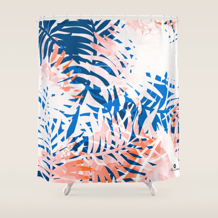 Tropical Palms Blue And Coral Shower Curtain