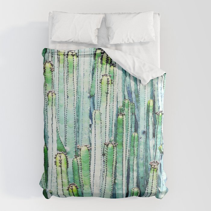 Lost Cactus, Watercolor Nature Painting, Botanical Neutral Illustration Minimal Drawing Jungle Duvet Cover