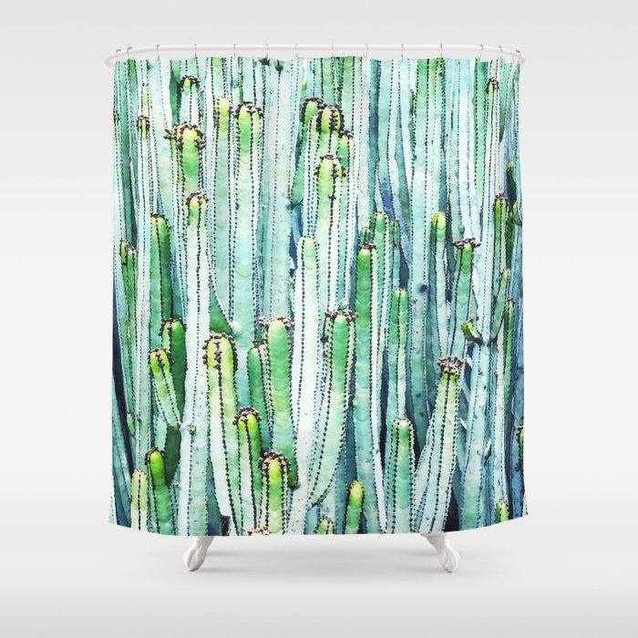 Lost Cactus, Watercolor Nature Painting, Botanical Neutral Illustration Minimal Drawing Jungle Shower Curtain