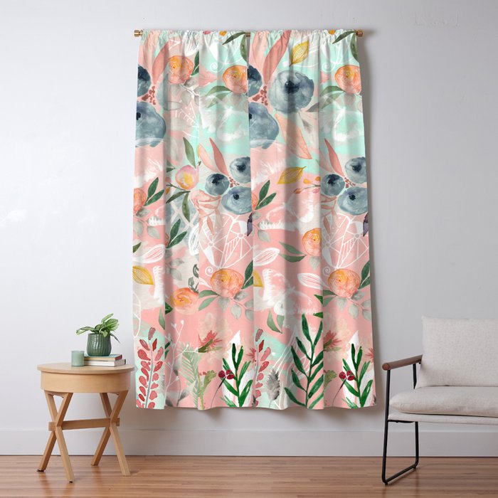 Abstract Painting Of Flowers And Plants Window Curtain