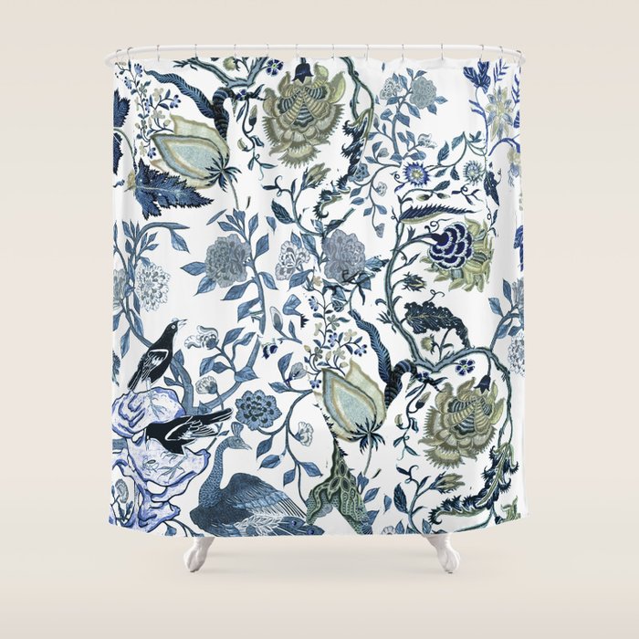 Blue Vintage Chinoiserie Flora Shower Curtain
