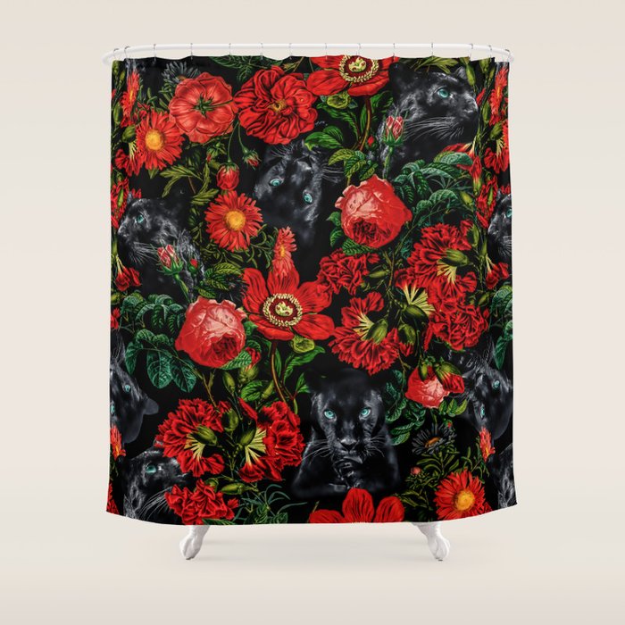 Panther And Floral Pattern Xo Shower Curtain