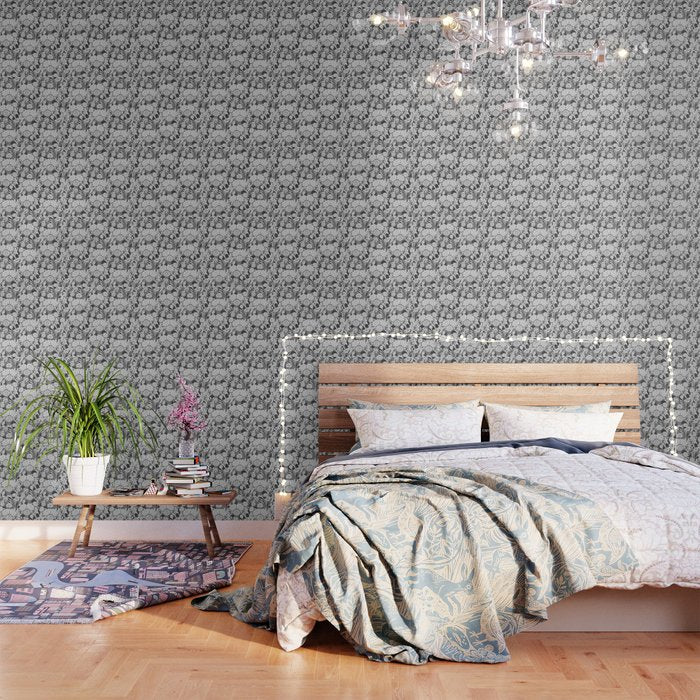 Vintage Bohemian Black White Roses Country Floral Wallpaper