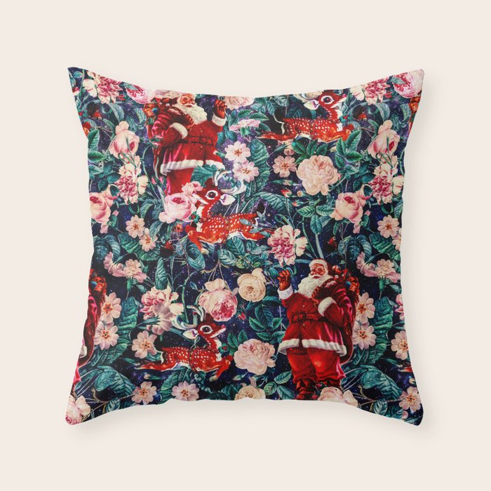 Santa Claus And Floral Pattern Throw Pillow