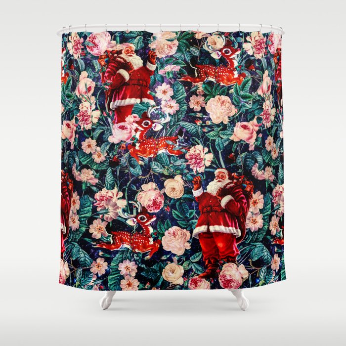 Santa Claus And Floral Pattern Shower Curtain