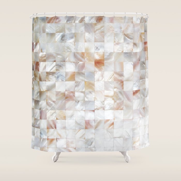 Mother Of Pearl, Exotic Tiles Photography, Neutral Minimal Geometrical Graphic Design Shower Curtain